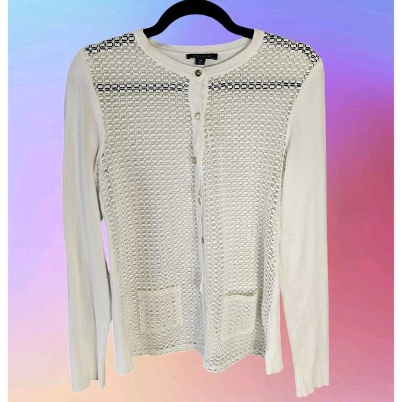 Tommy Hilfiger White Cardigan Sweater Size S Y2K Open Weave Crochet Button Front - Picture 1 of 11